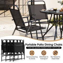 6 Piece Patio Dining Set, 31.5 Inch Glass Table with Extra Pole Fixing Hole, 4 Folding Chairs and a Grey Umbrella