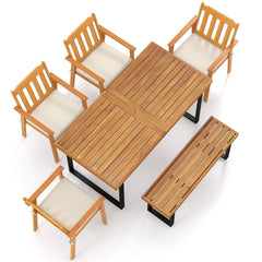 6 Piece Acacia Patio Dining Set, 63 Inch Slatted Table with 1.97 Inch Umbrella Hole, 4 Armchairs and a Backless Bench