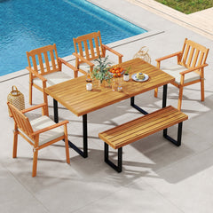 6 Piece Acacia Patio Dining Set, 63 Inch Slatted Table with 1.97 Inch Umbrella Hole, 4 Armchairs and a Backless Bench