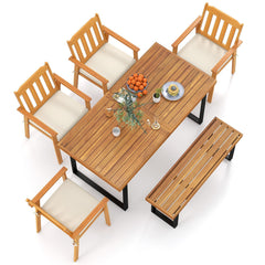 6 Piece Acacia Patio Dining Set, 63 Inch Slatted Table with 1.97 Inch Umbrella Hole, 4 Armchairs and a Backless Bench