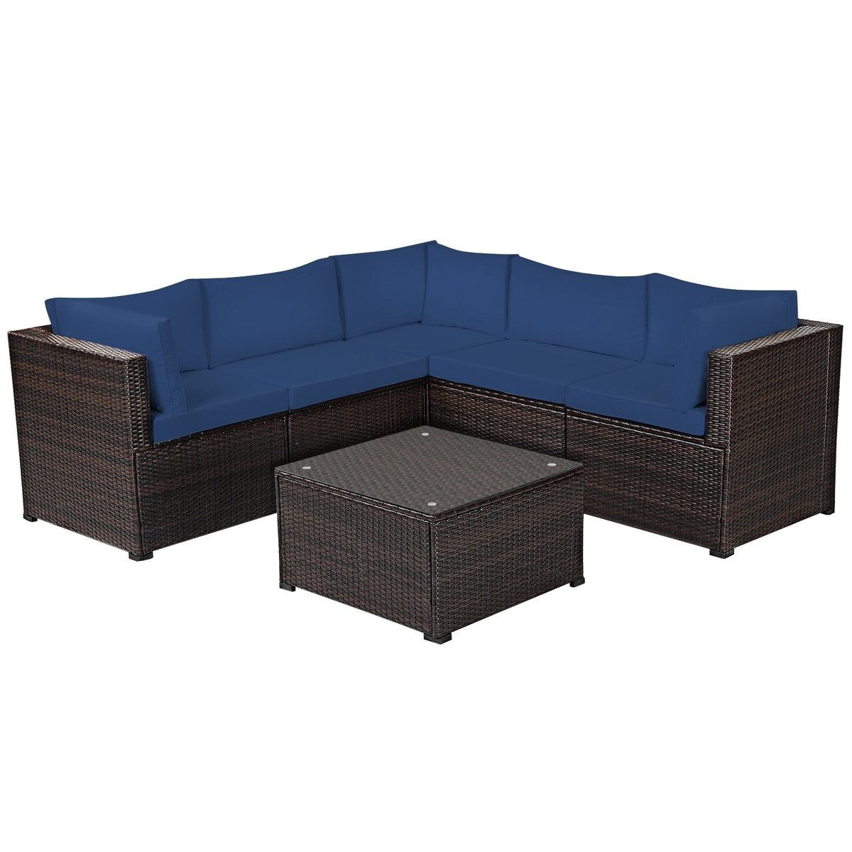6 Piece Patio Rattan Sofa Set, Five 27.5 Inch Seating Units and Glass Topped Coffee Table, Navy Cushions