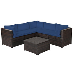 6 Piece Patio Rattan Sofa Set, Five 27.5 Inch Seating Units and Glass Topped Coffee Table, Navy Cushions