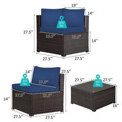 6 Piece Patio Rattan Sofa Set, Five 27.5 Inch Seating Units and Glass Topped Coffee Table, Navy Cushions