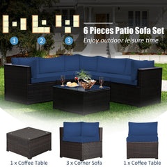 6 Piece Patio Rattan Sofa Set, Five 27.5 Inch Seating Units and Glass Topped Coffee Table, Navy Cushions