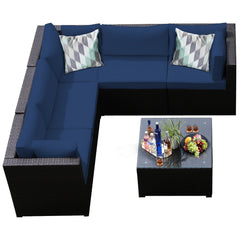 6 Piece Patio Rattan Sofa Set, Five 27.5 Inch Seating Units and Glass Topped Coffee Table, Navy Cushions