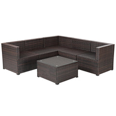 6 Piece Patio Rattan Sofa Set, Five 27.5 Inch Seating Units and Glass Topped Coffee Table, Navy Cushions