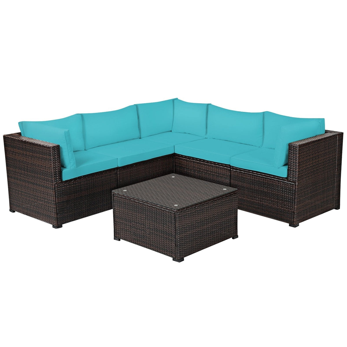 6 Piece Rattan Patio Sofa Set, Five Matching Seating Units and 27.5 Inch Glass Table, Turquoise Cushions