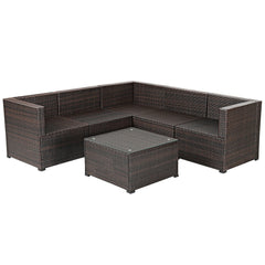 6 Piece Rattan Patio Sofa Set, Five Matching Seating Units and 27.5 Inch Glass Table, Turquoise Cushions
