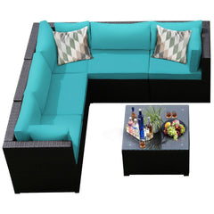 6 Piece Rattan Patio Sofa Set, Five Matching Seating Units and 27.5 Inch Glass Table, Turquoise Cushions
