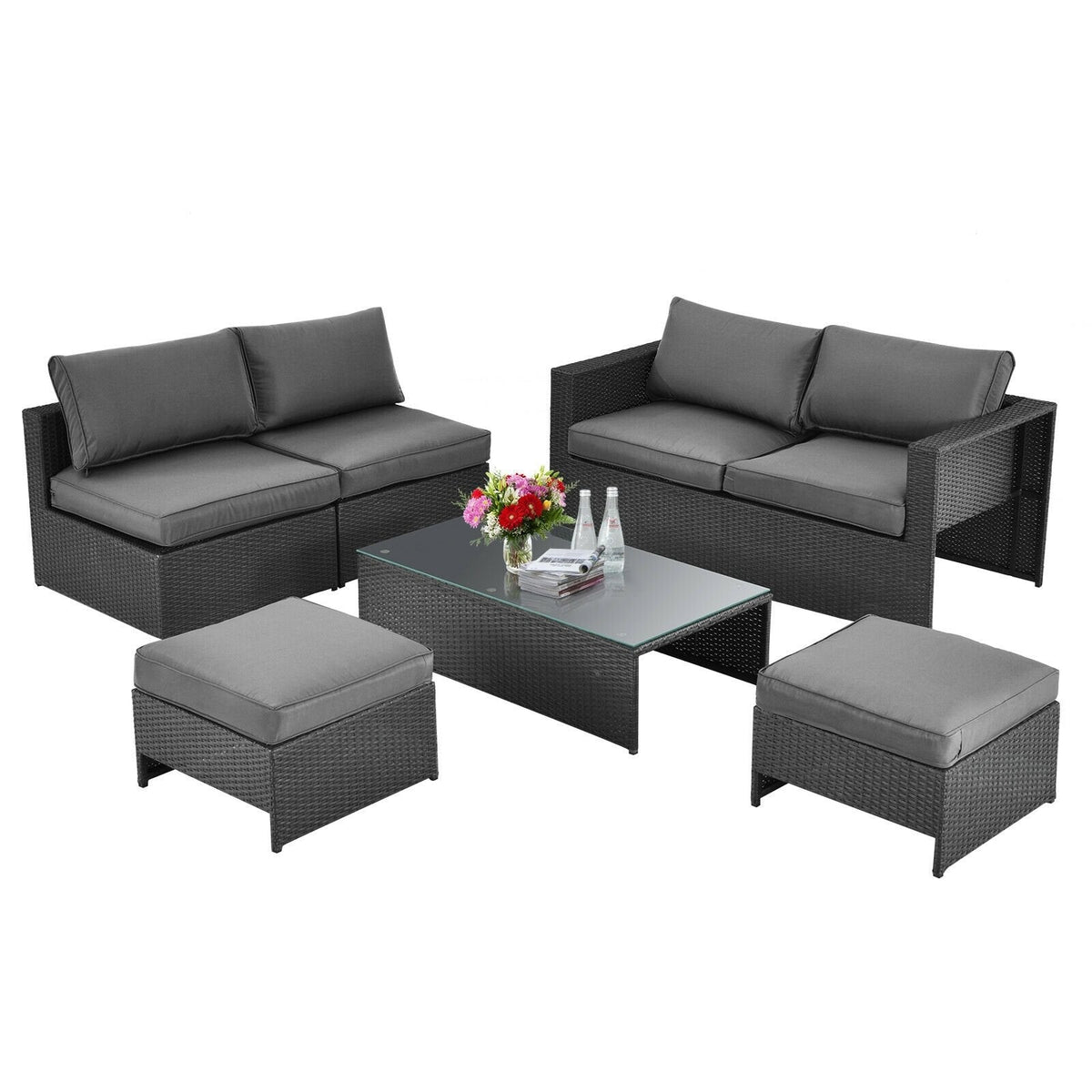 6 Piece Space Saving Patio Rattan Set, No Assembly, 60 Inch Loveseat, 2 Armless Seats, 2 Ottomans and Glass Table, Grey
