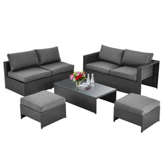 6 Piece Space Saving Patio Rattan Set, No Assembly, 60 Inch Loveseat, 2 Armless Seats, 2 Ottomans and Glass Table, Grey
