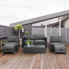6 Piece Space Saving Patio Rattan Set, No Assembly, 60 Inch Loveseat, 2 Armless Seats, 2 Ottomans and Glass Table, Grey