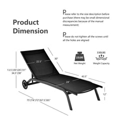 Sling Chaise Recliner on Wheels with 6 Position Backrest, 22 lb, Black