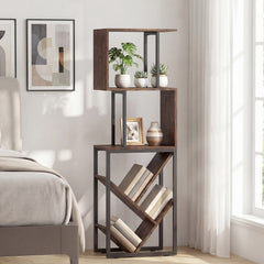 6-Tier Bookshelf Floor Standing Tree S-Shaped Geometric Bookcase with Open Shelves-Brown