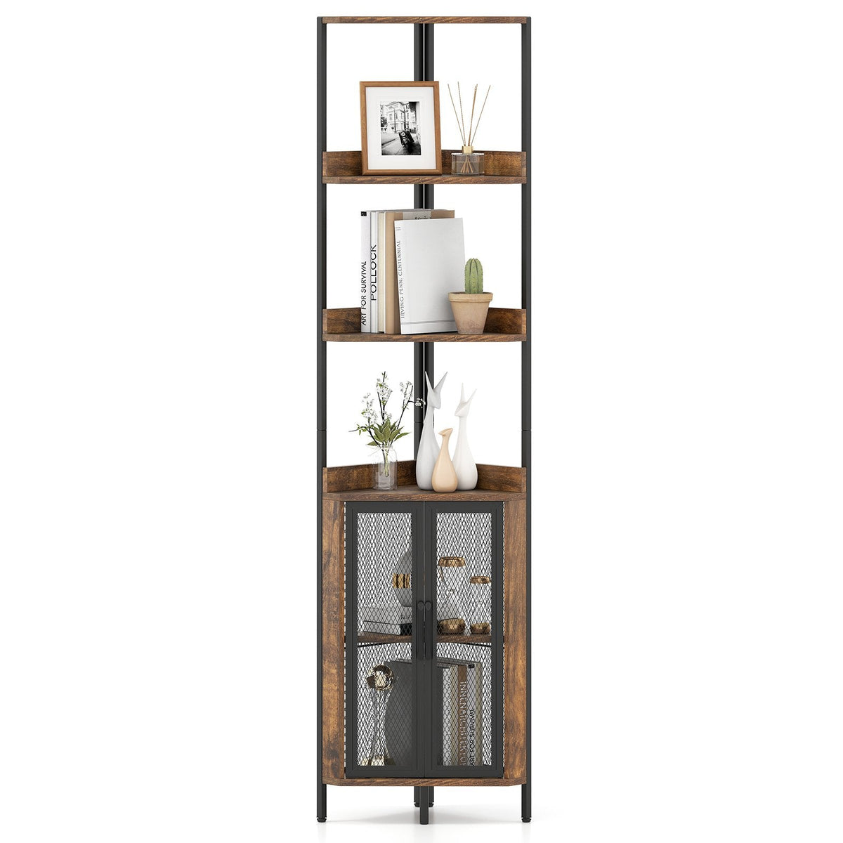 6-Tier Corner Shelf 67 Inches Tall Corner Bookshelf with Cabinet Industrial Bookcase-Brown