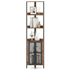 6-Tier Corner Shelf 67 Inches Tall Corner Bookshelf with Cabinet Industrial Bookcase-Brown