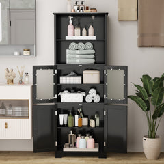 6-Tier Freestanding Bathroom Cabinet with 2 Open Compartments and Adjustable Shelves-Black