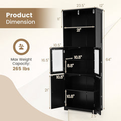6-Tier Freestanding Bathroom Cabinet with 2 Open Compartments and Adjustable Shelves-Black