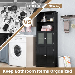 6-Tier Freestanding Bathroom Cabinet with 2 Open Compartments and Adjustable Shelves-Black