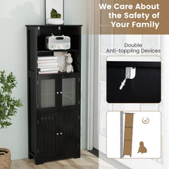 6-Tier Freestanding Bathroom Cabinet with 2 Open Compartments and Adjustable Shelves-Black