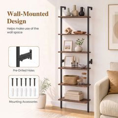 6-Tier Freestanding ladder Storage bookshelf with Metal Frame for Study and Pantry-Rustic Brown