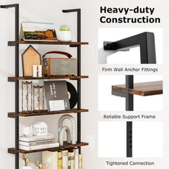 6-tier Ladder Shelf 72 Inches Industrial Wall Mounted Bookshelf-Rustic Brown