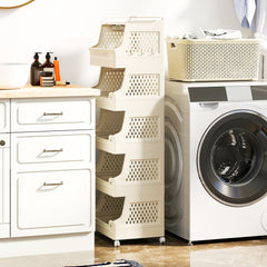 6-Tier Rolling Laundry Basket with Wheels Plastic Storage Cart with Side Hooks