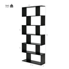 6 Tier S Shaped Bookshelf and Room Divider, Black