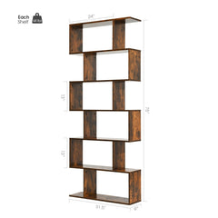 6 Tier S Shaped Bookshelf and Room Divider, Coffee Brown