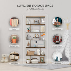 6 Tier S Shaped Bookshelf and Room Divider, Coffee Brown