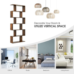 6 Tier S Shaped Bookshelf and Room Divider, Coffee Brown
