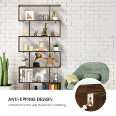 6 Tier S Shaped Bookshelf and Room Divider, Coffee Brown