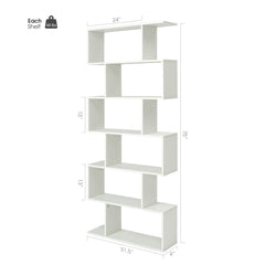 6 Tier S Shaped Bookshelf and Room Divider, White