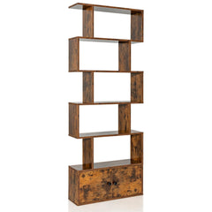6 Tier S Shaped Bookshelf with 2 Door Cabinet, Freestanding Display Unit, Coffee Brown
