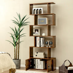 6 Tier S Shaped Bookshelf with 2 Door Cabinet, Freestanding Display Unit, Coffee Brown