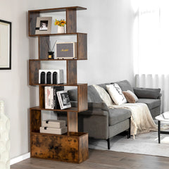 6 Tier S Shaped Bookshelf with 2 Door Cabinet, Freestanding Display Unit, Coffee Brown
