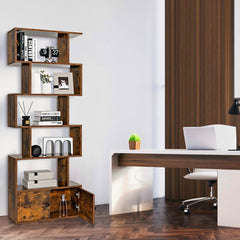 6 Tier S Shaped Bookshelf with 2 Door Cabinet, Freestanding Display Unit, Coffee Brown