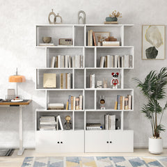 6 Tier S Shaped Bookshelf with 2 Door Cabinet, Freestanding Display Unit, White