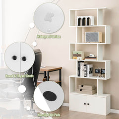 6 Tier S Shaped Bookshelf with 2 Door Cabinet, Freestanding Display Unit, White