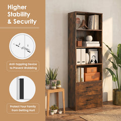 6-Tier Tall Freestanding Bookshelf with 4 Open Shelves and 2 Drawers-Rustic Brown