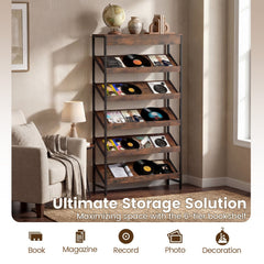 6-Tier Tall Freestanding Bookshelf with Angled Shelves for Home Office-Rustic Brown