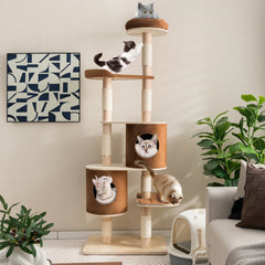 75 Inch 6 Tier Wooden Cat Tree with Two Removable Condos and Padded Top Perch
