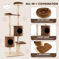 75 Inch 6 Tier Wooden Cat Tree with Two Removable Condos and Padded Top Perch