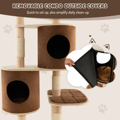 75 Inch 6 Tier Wooden Cat Tree with Two Removable Condos and Padded Top Perch