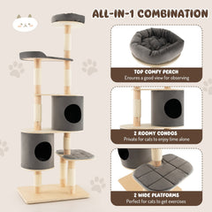 75 Inch Grey 6 Tier Cat Tree with Rubber Wood Pillars, Two Condos and Perch