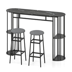 60 Inch Dining Table and 2 Upholstered Barstools with Faux Marble Tabletop-Gray