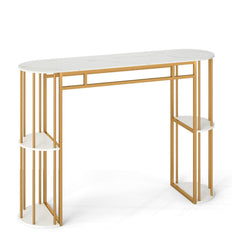 60 Inch Long Bar Table Narrow with Faux Marble Tabletop and Storage Shelves-White