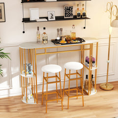 60 Inch Long Bar Table Narrow with Faux Marble Tabletop and Storage Shelves-White