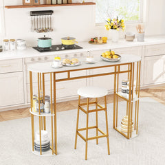 60 Inch Long Bar Table Narrow with Faux Marble Tabletop and Storage Shelves-White
