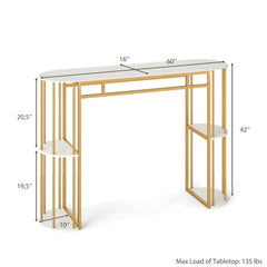 60 Inch Long Bar Table Narrow with Faux Marble Tabletop and Storage Shelves-White